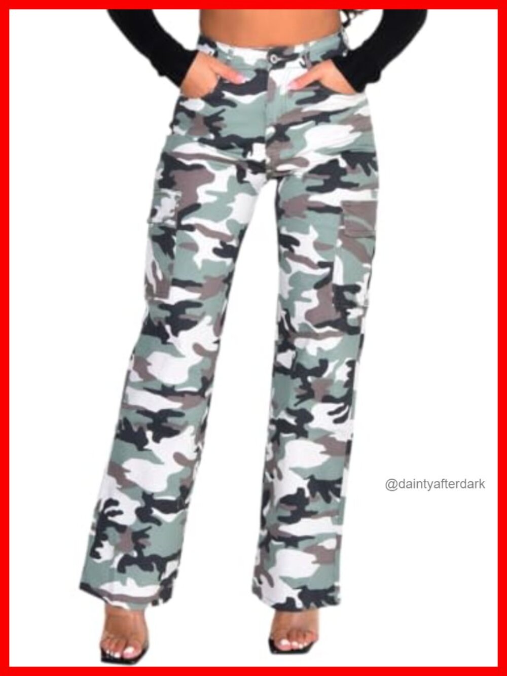 Women Wide Leg Cargo Pants Camo Print Six Pocket Casual